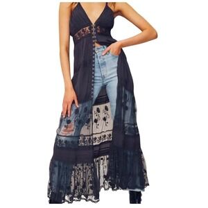 Free People On My Way Maxi Slip Dress Lace Sheer Panel Boho Navy XS